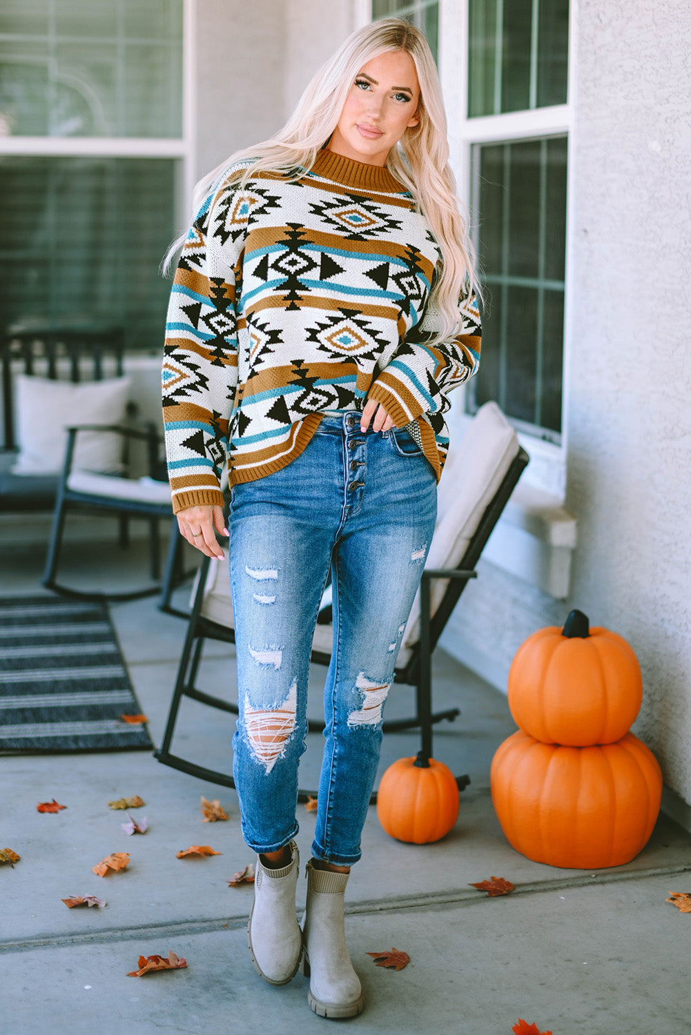 Brown Aztec Striped Knit Ribbed Trim Sweater | Plus Size Western Fashion | Cowgirl Era