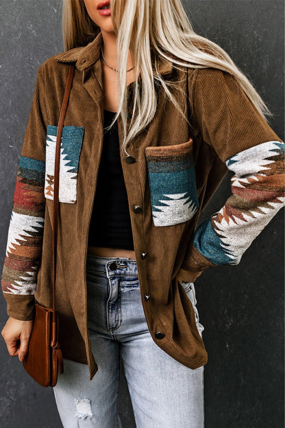 Khaki Aztec Pattern Corduroy Shacket | Plus Size Western Fashion | Cowgirl Era