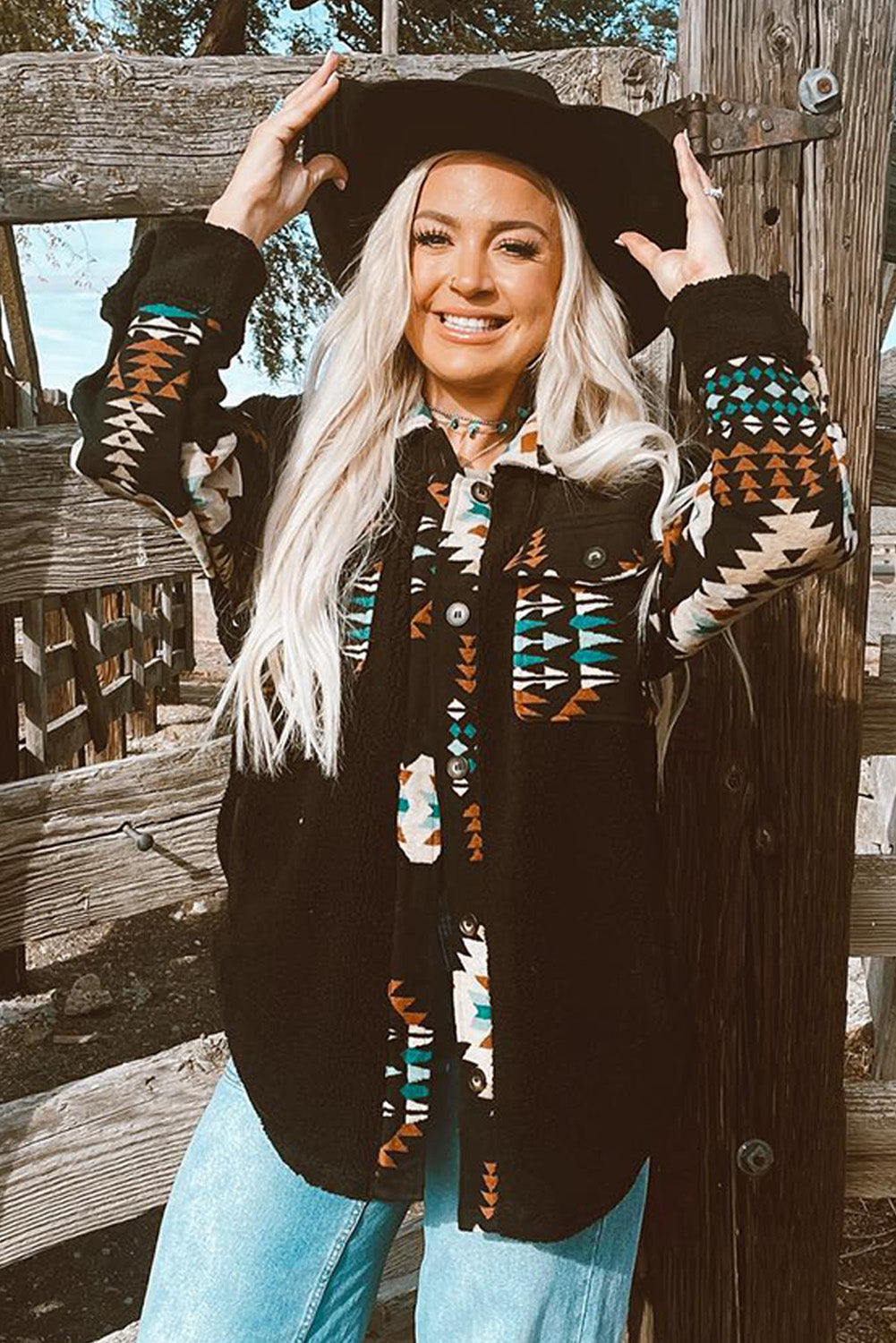 Black Western Aztec Print Accent Fleece Shacket | Plus Size Western Fashion | Cowgirl Era