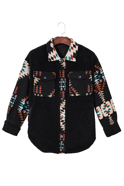 Black Western Aztec Print Accent Fleece Shacket