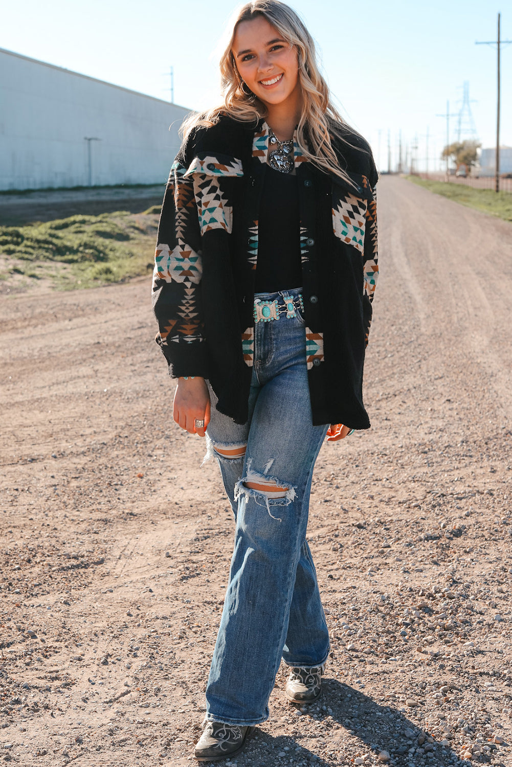 Black Western Aztec Print Accent Fleece Shacket | Plus Size Western Fashion | Cowgirl Era