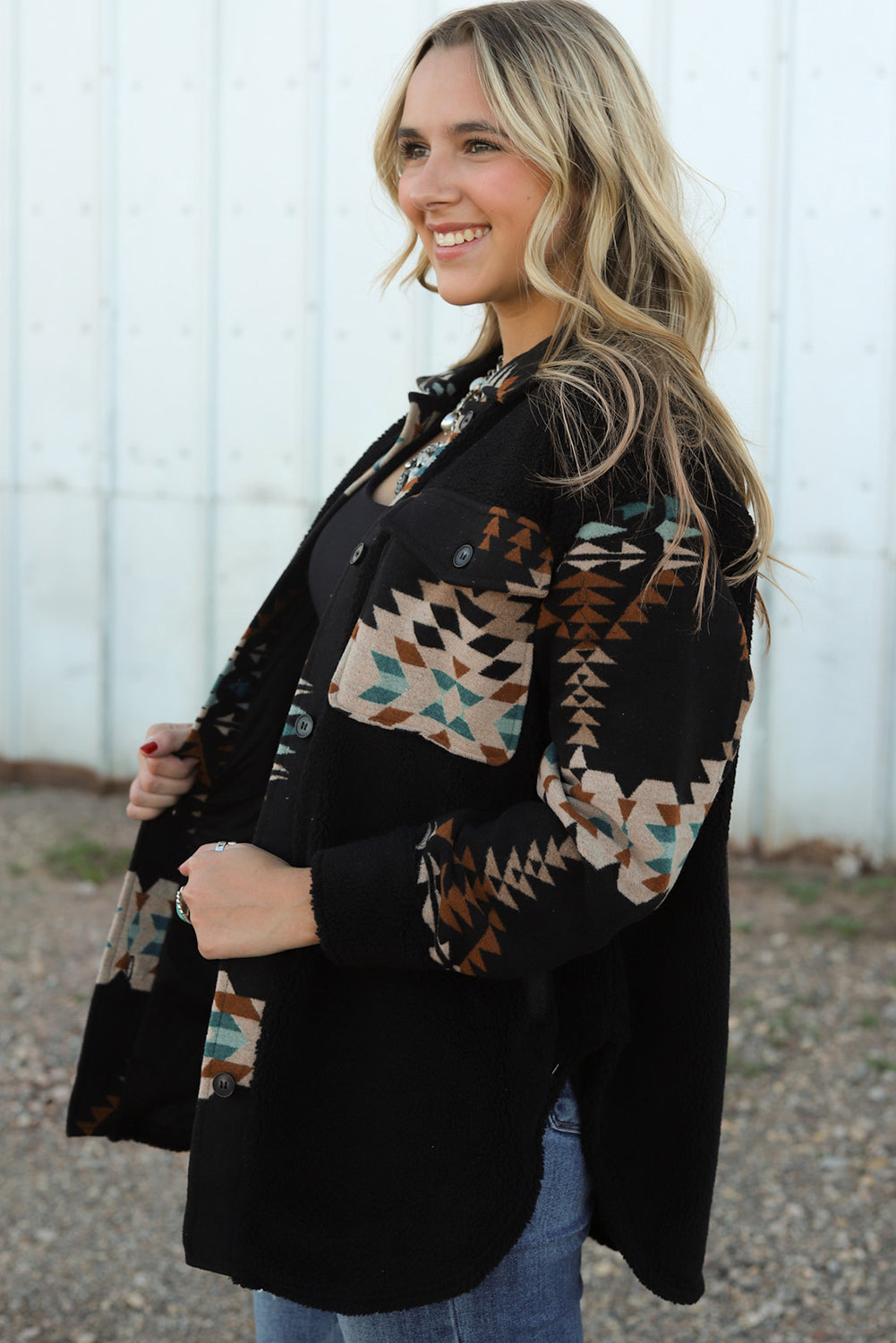 Black Western Aztec Print Accent Fleece Shacket | Plus Size Western Fashion | Cowgirl Era