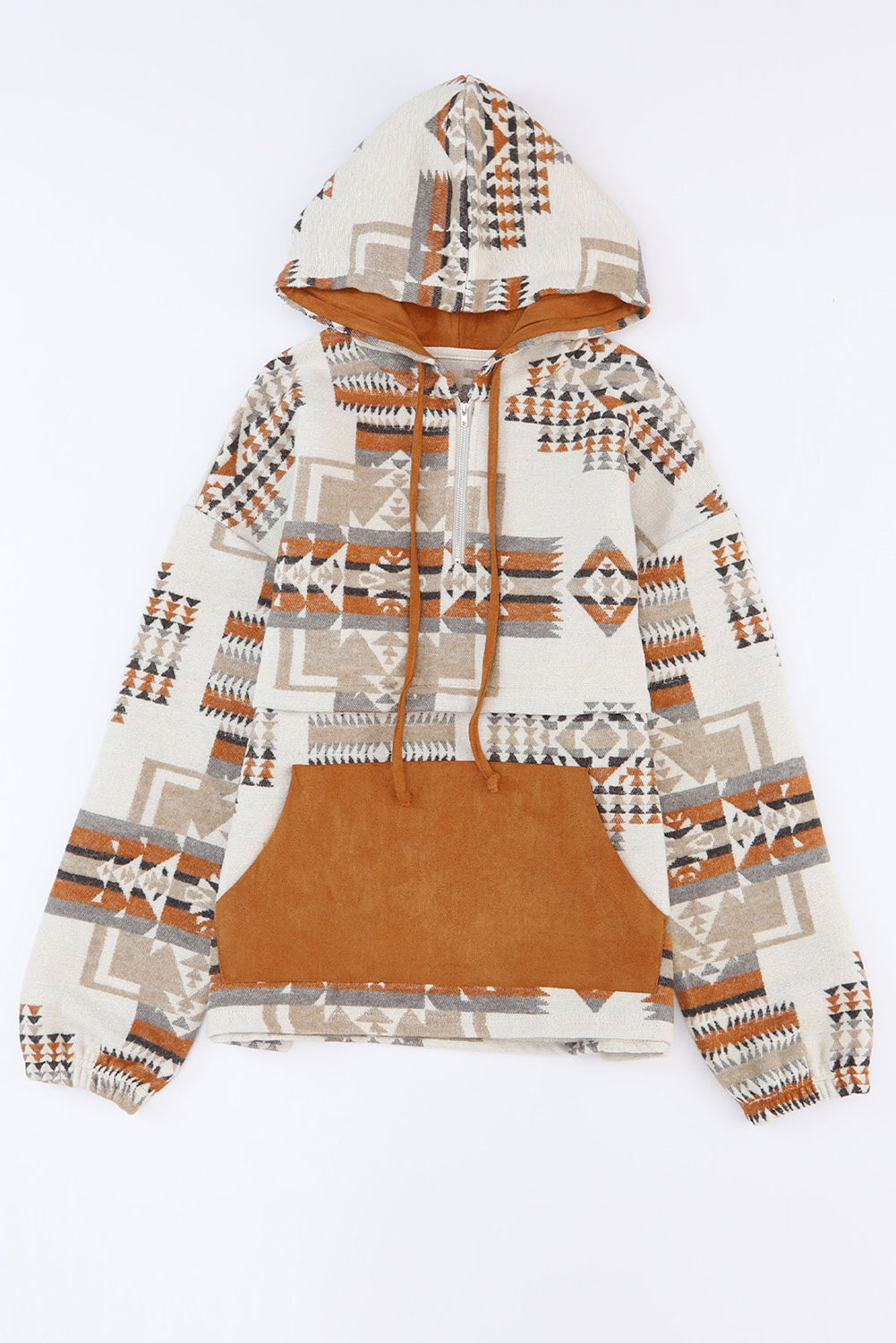 Beige Aztec Print Kangaroo Pocket Half-Zip Hoodie | Plus Size Western Fashion | Cowgirl Era