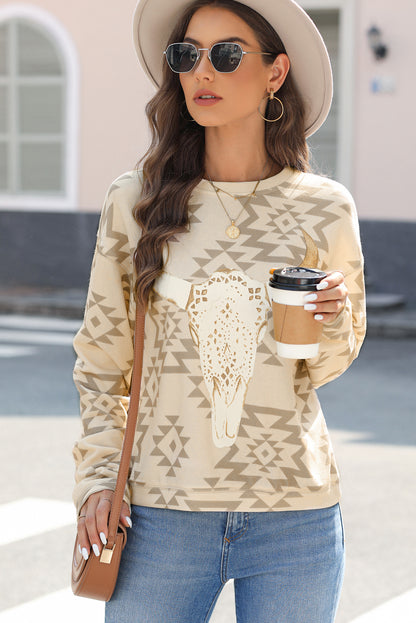 Steer Head Graphic Aztec Pullover Sweatshirt | Plus Size Western Fashion | Cowgirl Era