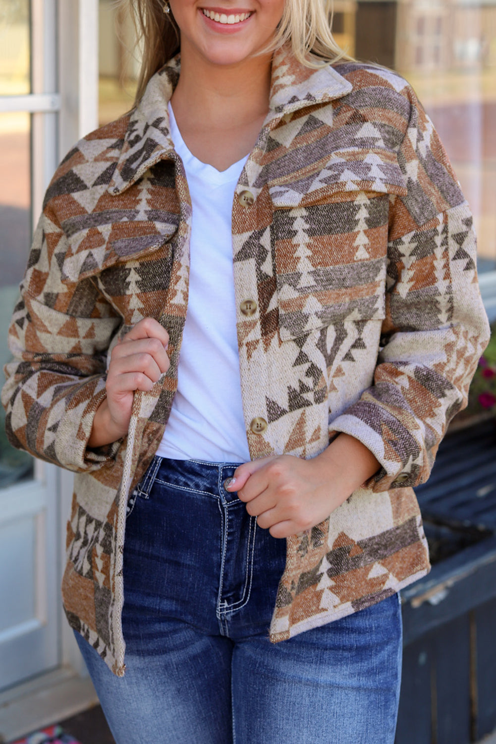 Brown Aztec Print Flap Pocket Button-up Jacket | Plus Size Western Fashion | Cowgirl Era