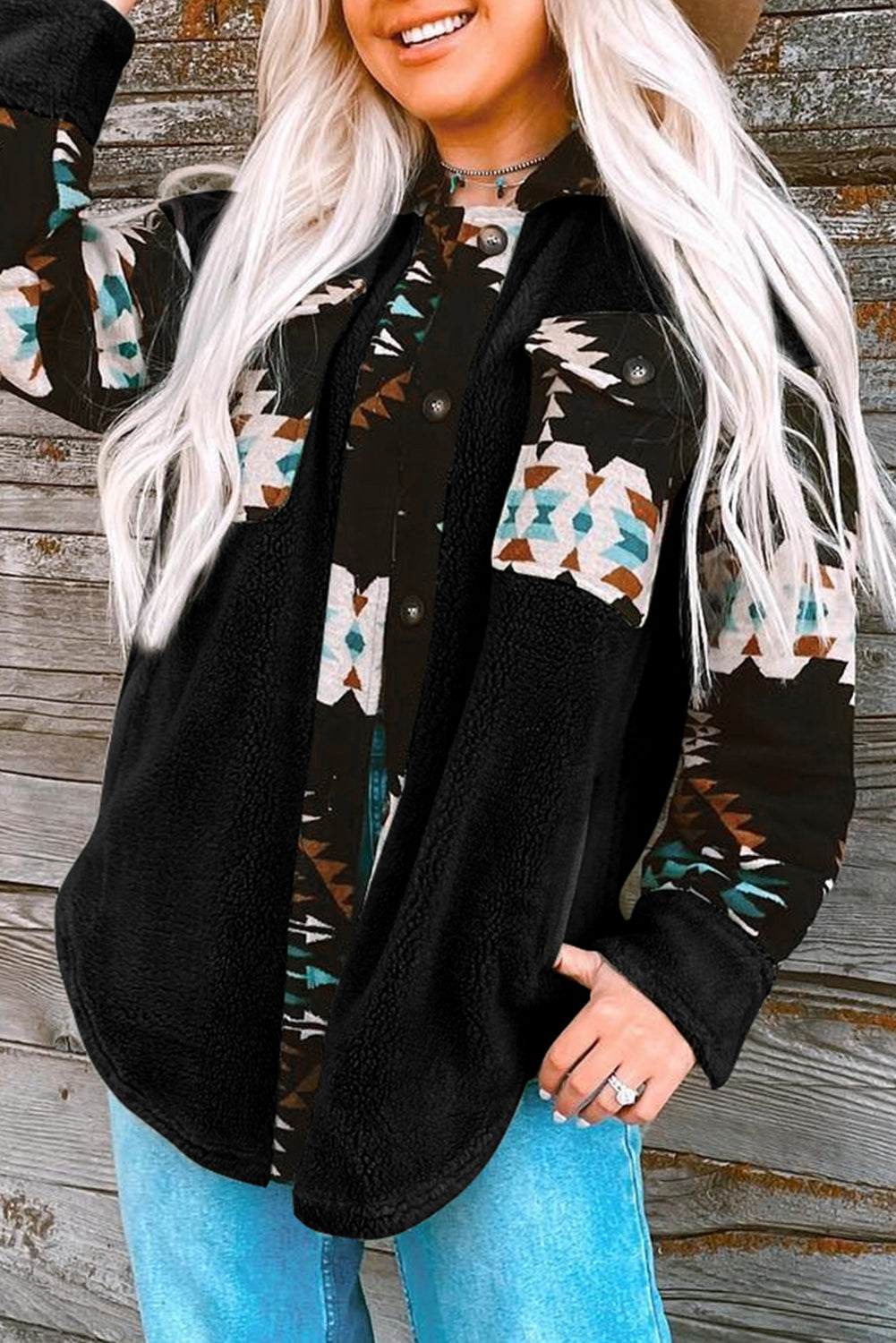 Black Western Aztec Print Accent Fleece Shacket | Plus Size Western Fashion | Cowgirl Era