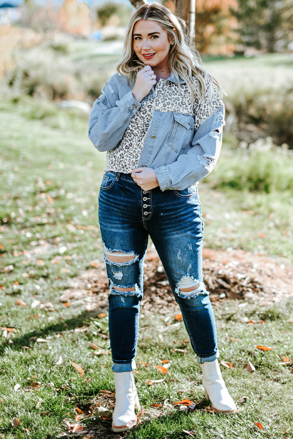 Blue Plus Size Leopard Ripped Cropped Denim Jacket | Plus Size Western Fashion | Cowgirl Era