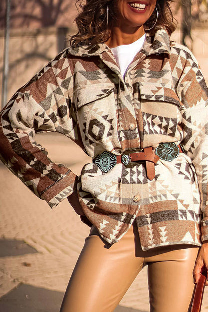 Brown Aztec Print Flap Pocket Button-up Jacket