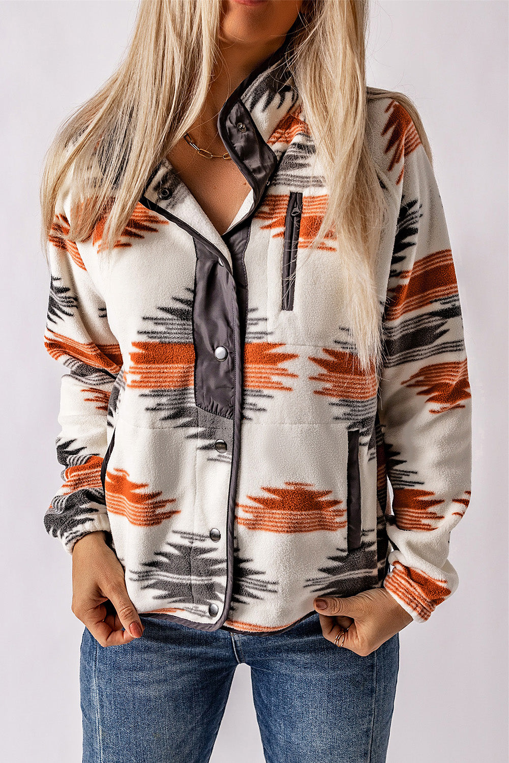 Gray Western Aztec Snap Buttoned Fleece Jacket | Plus Size Western Fashion | Cowgirl Era 