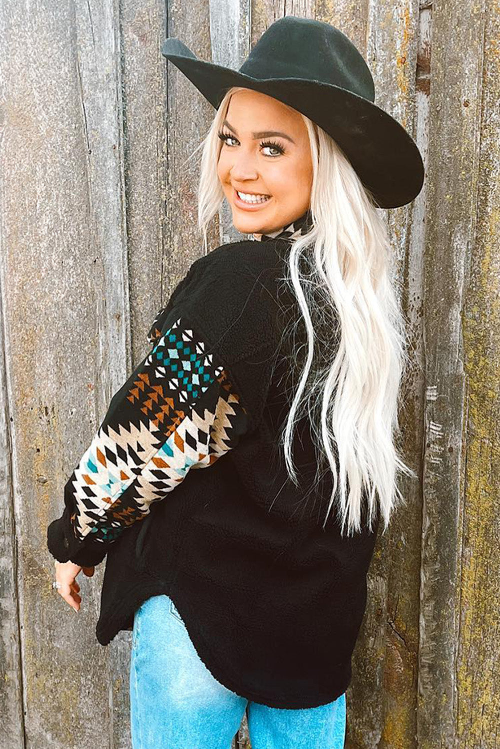 Black Western Aztec Print Accent Fleece Shacket | Plus Size Western Fashion | Cowgirl Era