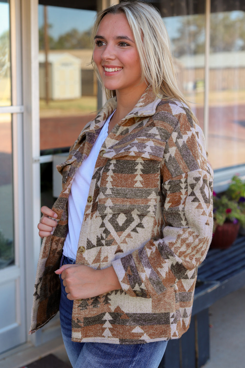 Brown Aztec Print Flap Pocket Button-up Jacket | Plus Size Western Fashion | Cowgirl Era