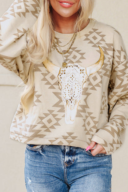 Steer Head Graphic Aztec Pullover Sweatshirt | Plus Size Western Fashion | Cowgirl Era