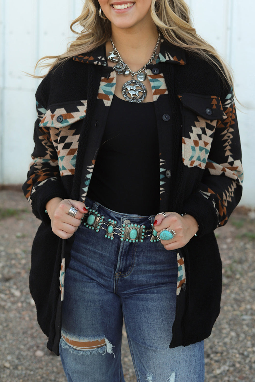 Black Western Aztec Print Accent Fleece Shacket | Plus Size Western Fashion | Cowgirl Era