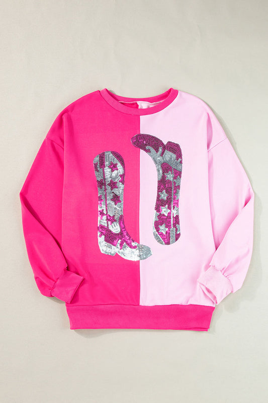 Pink Color Block Sequined Cowgirl Boots Graphic Sweatshirt