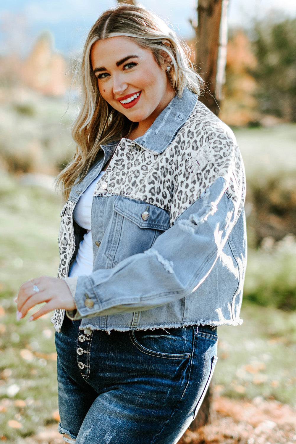 Blue Plus Size Leopard Ripped Cropped Denim Jacket | Plus Size Western Fashion | Cowgirl Era