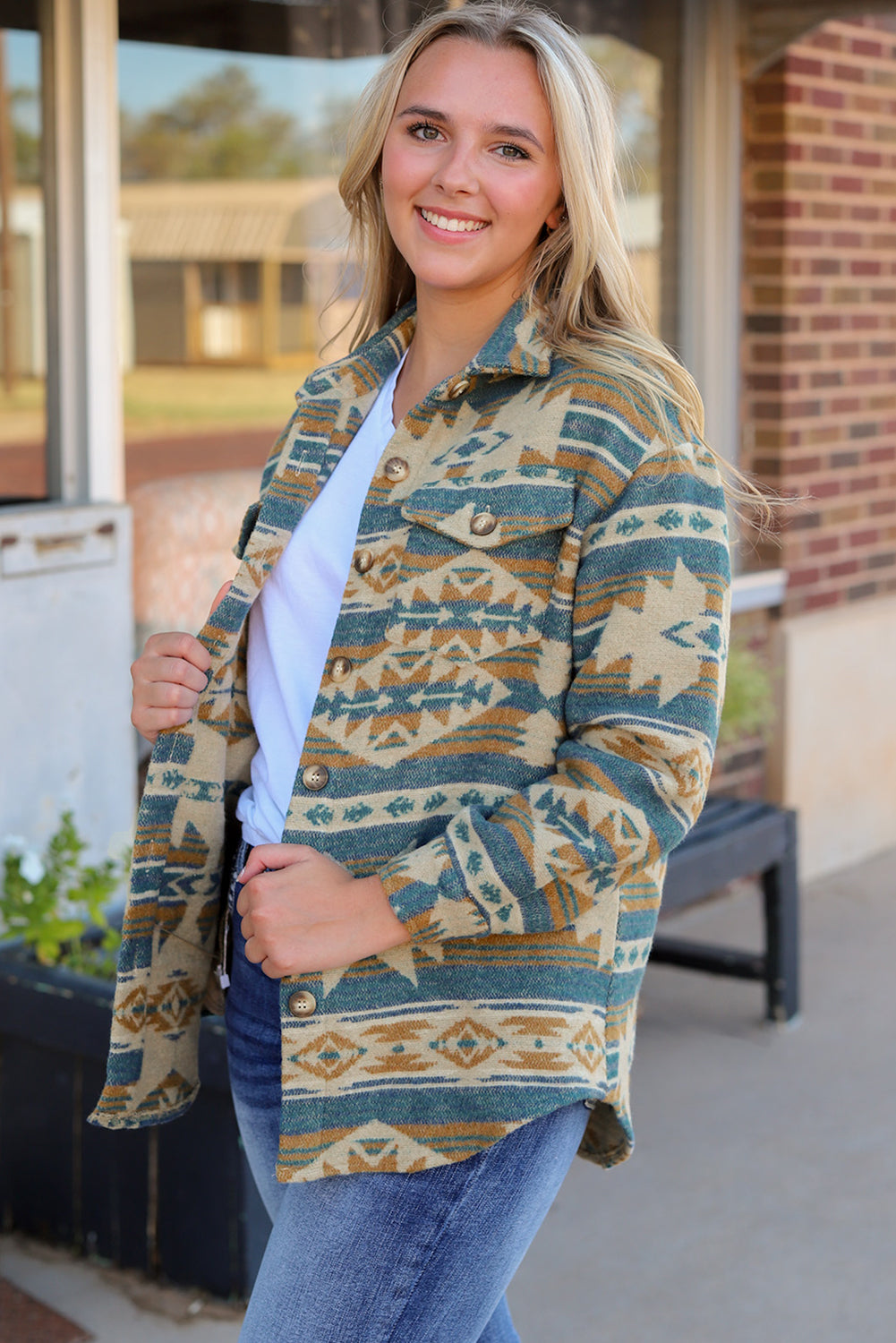 Blue Western Aztec Print Button Flap Pocket Shacket | Plus Size Western Fashion | Cowgirl Era