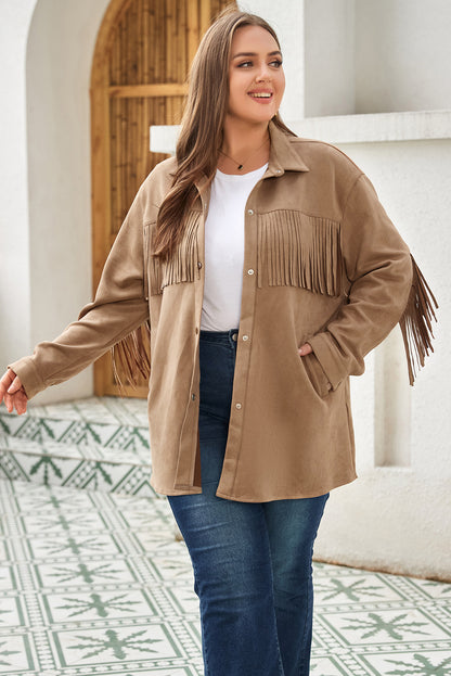 Khaki Fringe Trim Plus Size Suede Shacket | Plus Size Western Fashion | Cowgirl Era