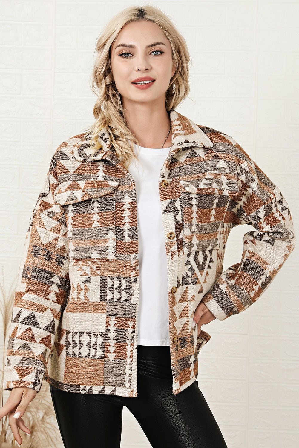 Brown Aztec Print Flap Pocket Button-up Jacket | Plus Size Western Fashion | Cowgirl Era