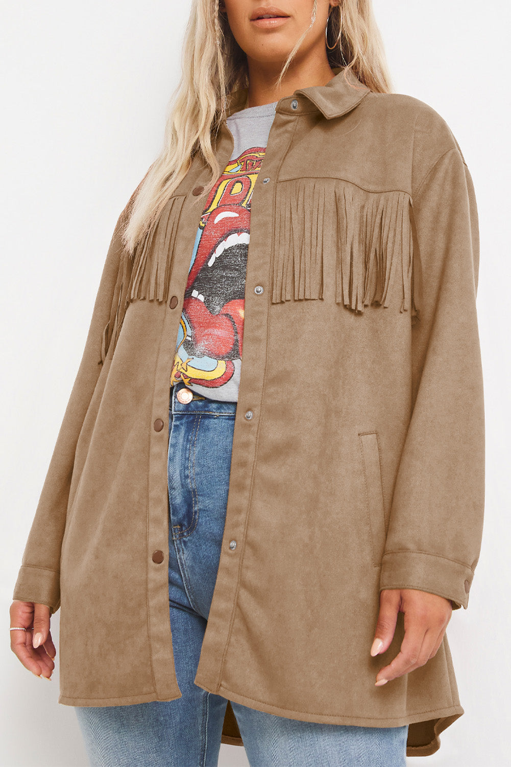 Khaki Fringe Trim Plus Size Suede Shacket | Plus Size Western Fashion | Cowgirl Era