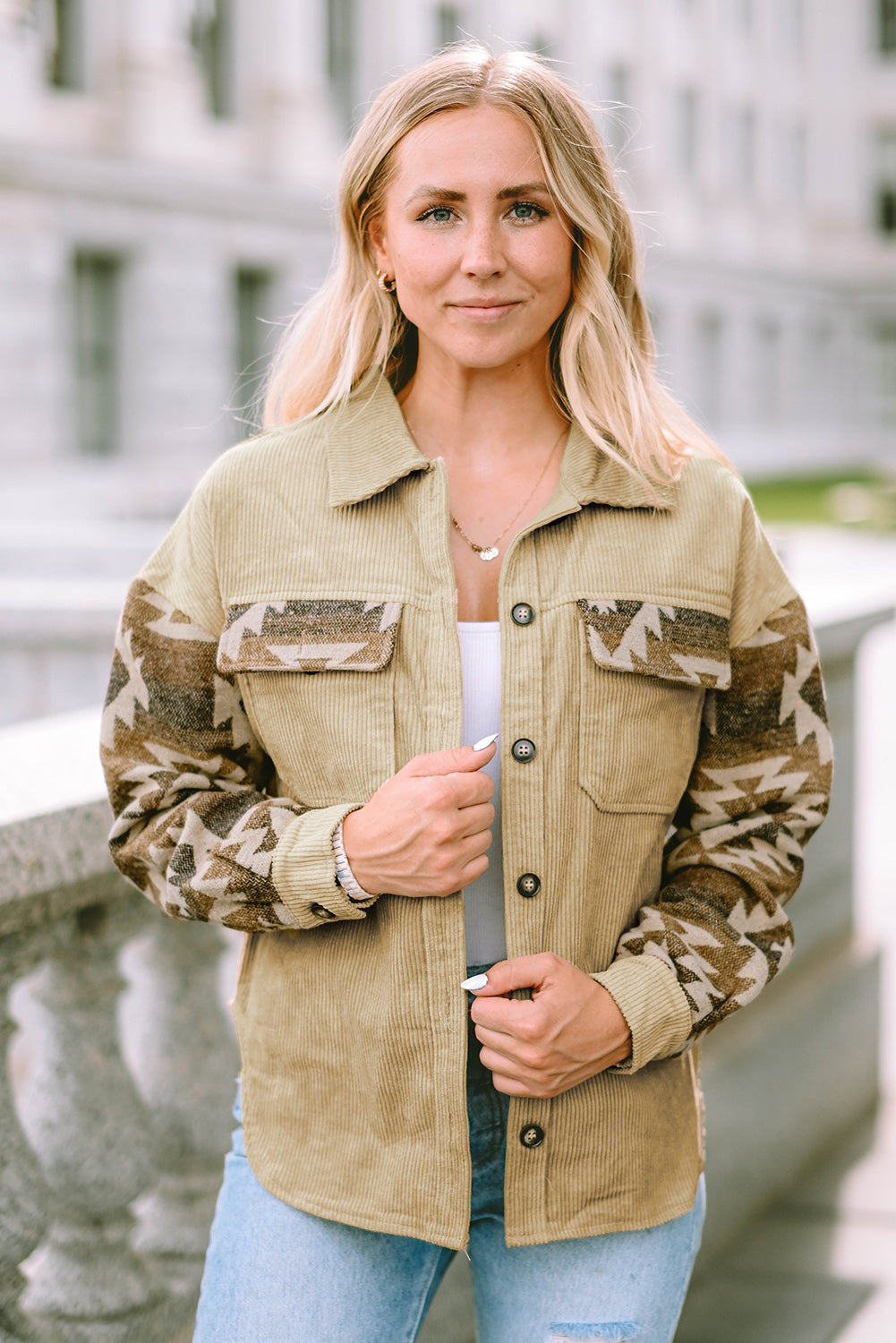 Khaki Aztec Print Patchwork Frayed Edge Corduroy Jacket | Plus Size Western Fashion | Cowgirl Era