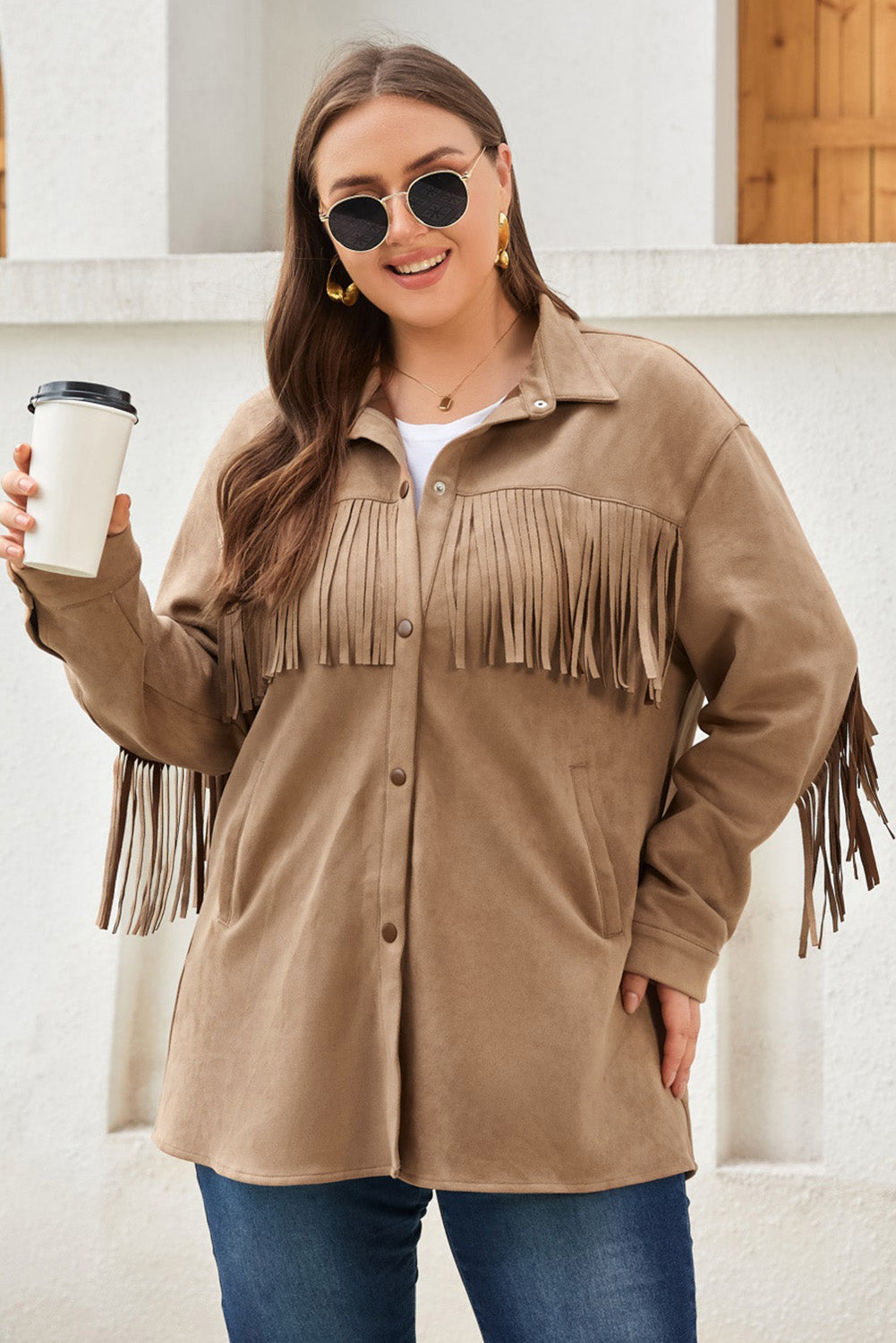 Khaki Fringe Trim Plus Size Suede Shacket | Plus Size Western Fashion | Cowgirl Era