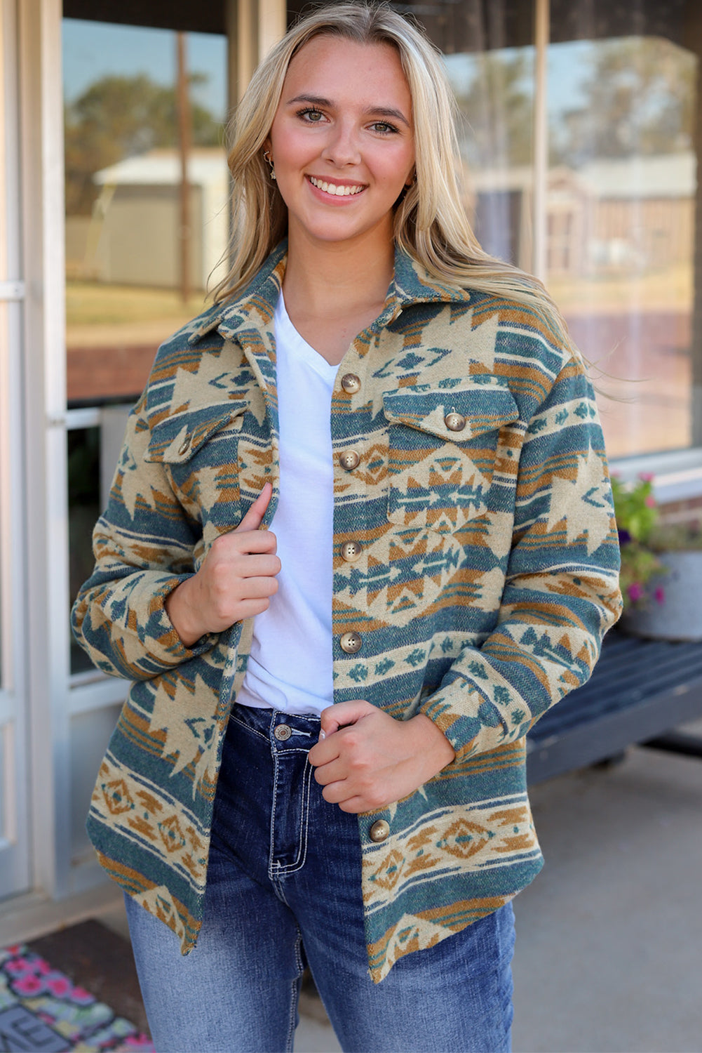 Blue Western Aztec Print Button Flap Pocket Shacket | Plus Size Western Fashion | Cowgirl Era