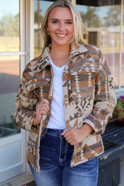 Brown Aztec Print Flap Pocket Button-up Jacket | Plus Size Western Fashion | Cowgirl Era