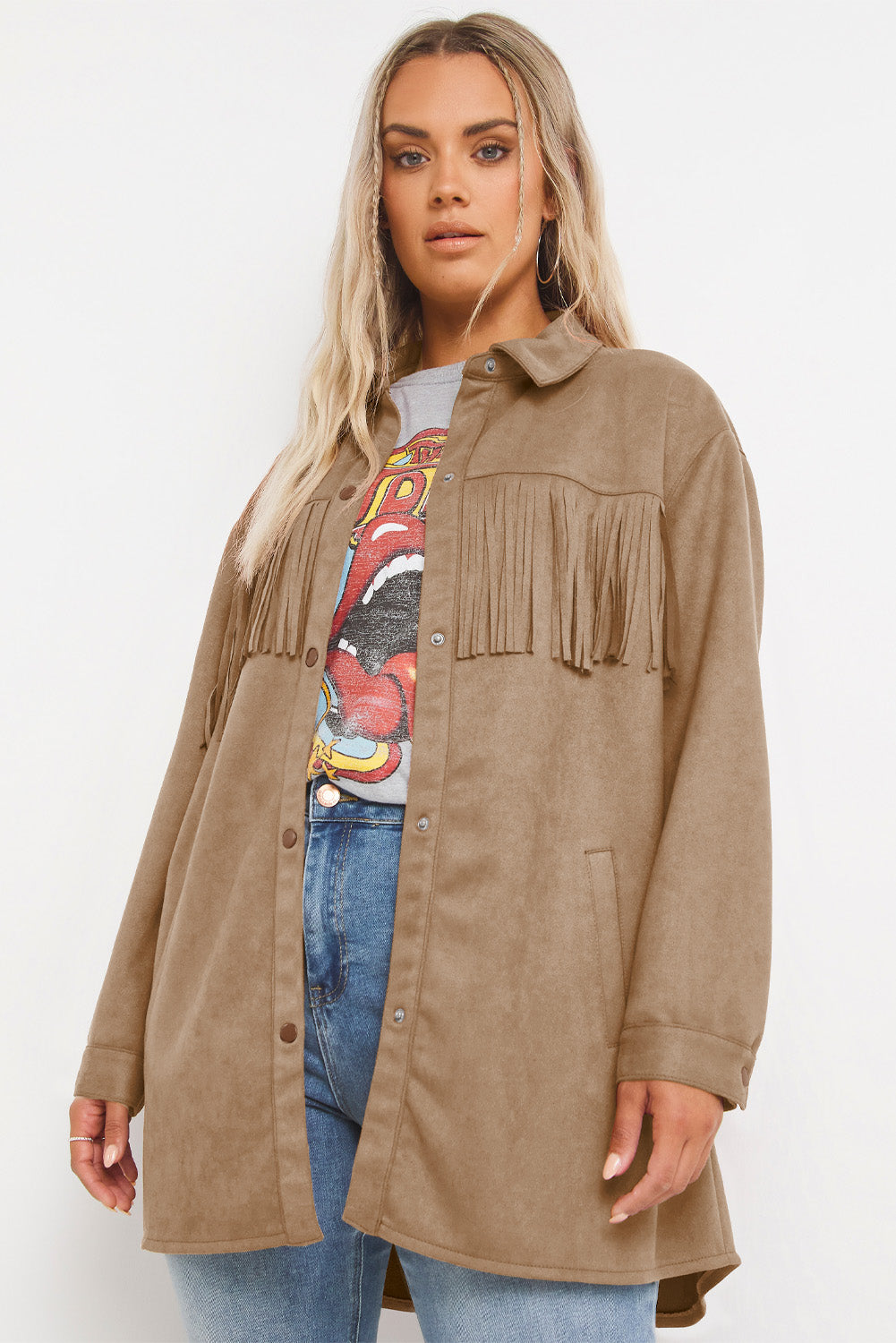 Khaki Fringe Trim Plus Size Suede Shacket | Plus Size Western Fashion | Cowgirl Era