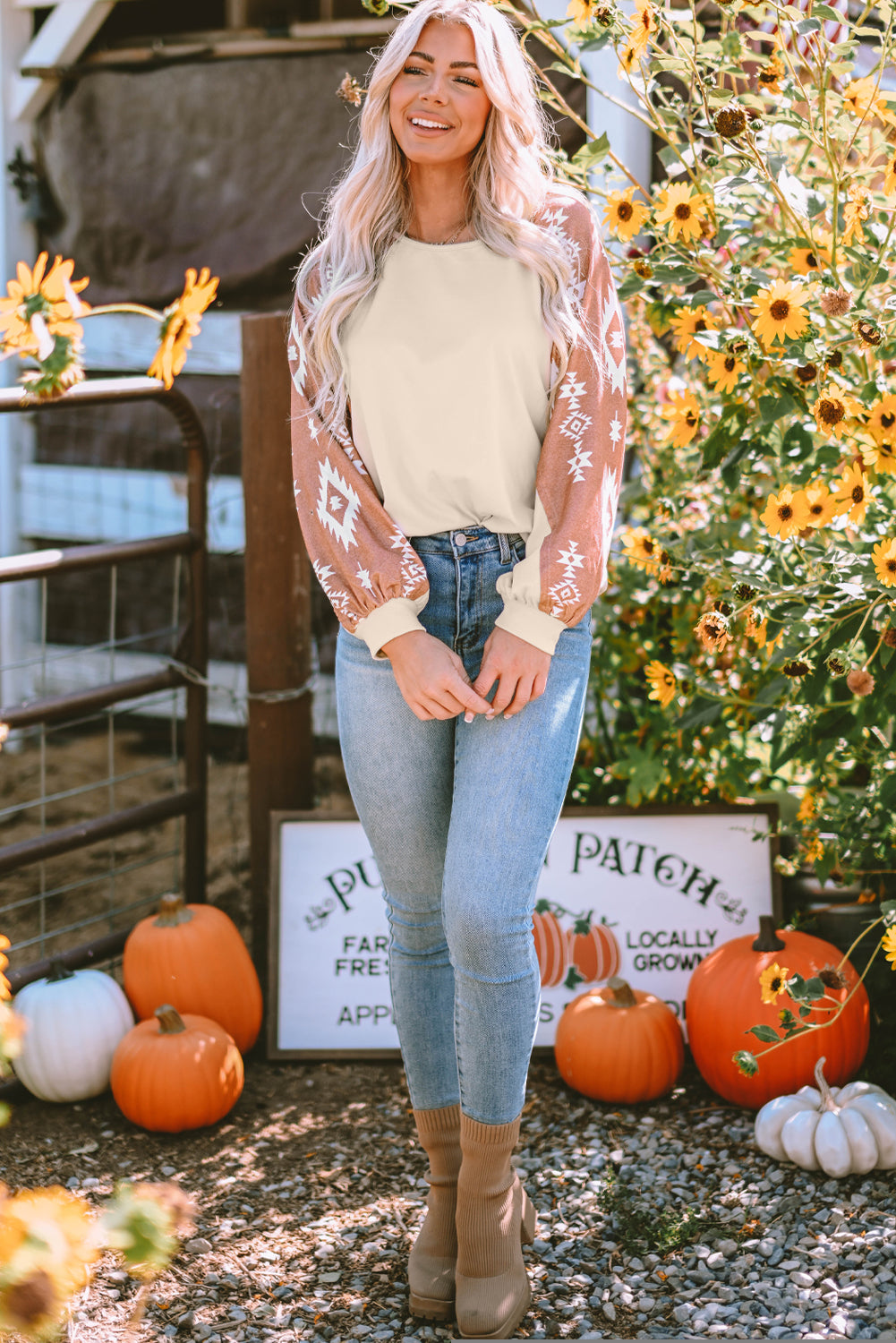 Apricot Western Print Patch Long Sleeve Top | Plus Size Western Fashion | Cowgirl Era