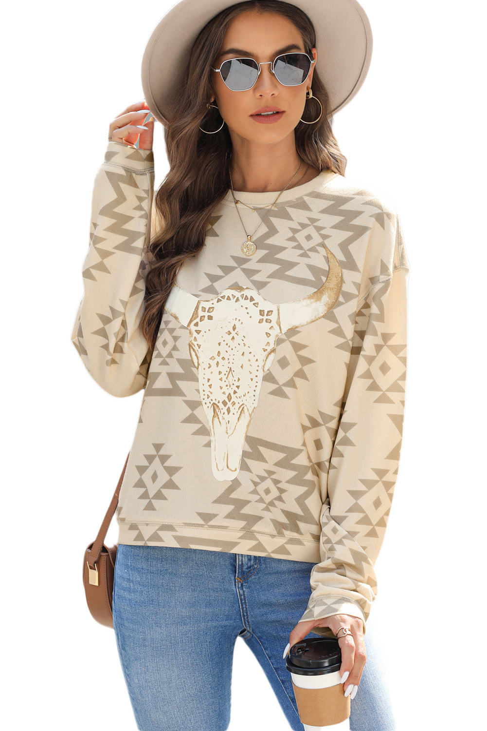 Parchment Steer Head Graphic Aztec Pullover Sweatshirt