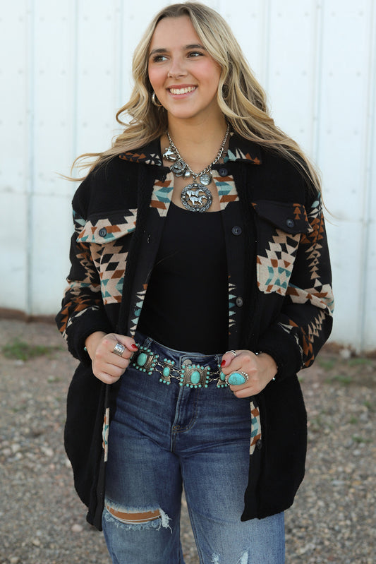 Black Western Aztec Print Accent Fleece Shacket | Plus Size Western Fashion | Cowgirl Era