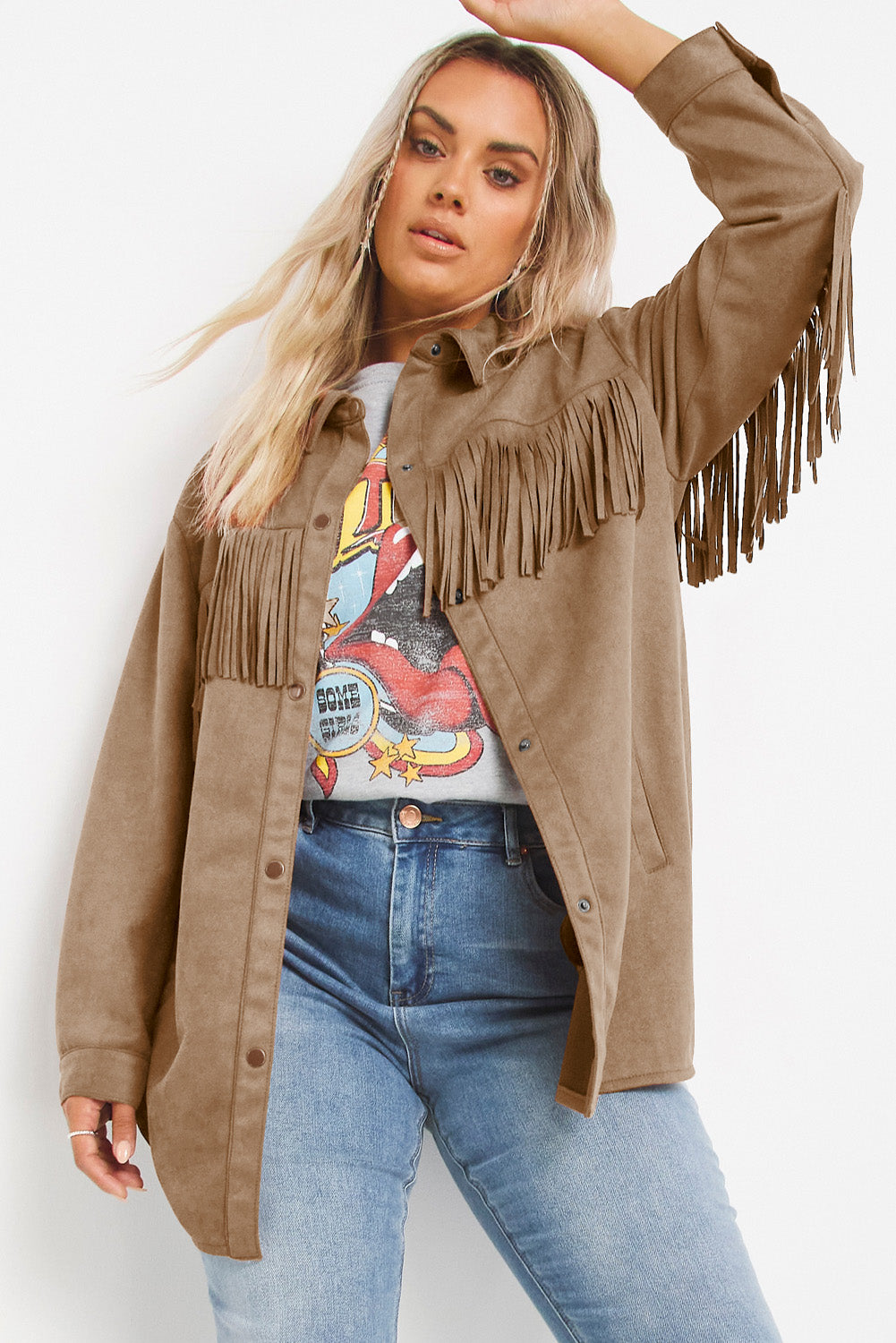 Khaki Fringe Trim Plus Size Suede Shacket | Plus Size Western Fashion | Cowgirl Era