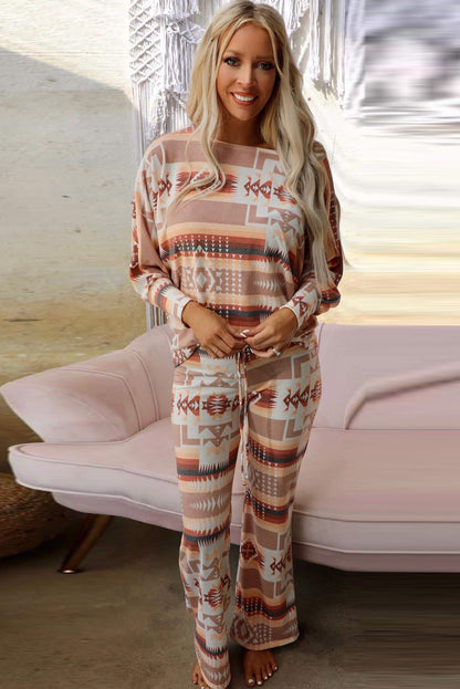 Multicolour Aztec Print Puff Sleeve Pullover and Pants Lounge Outfit | Plus Size Western Fashion | Cowgirl Era