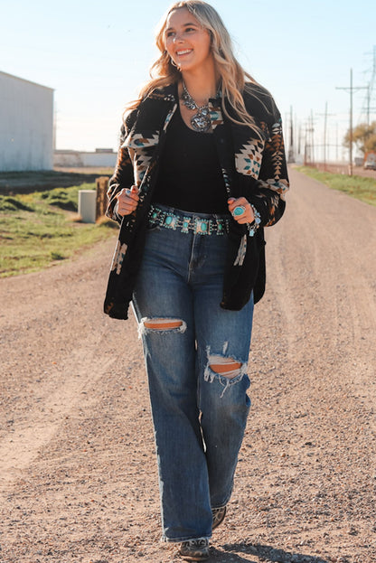 Black Western Aztec Print Accent Fleece Shacket | Plus Size Western Fashion | Cowgirl Era