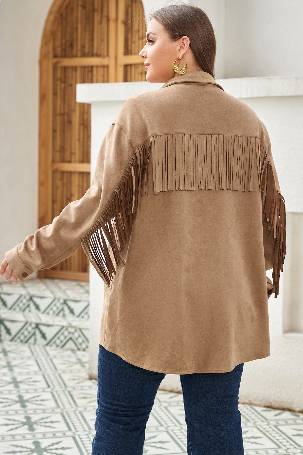 Khaki Fringe Trim Plus Size Suede Shacket | Plus Size Western Fashion | Cowgirl Era