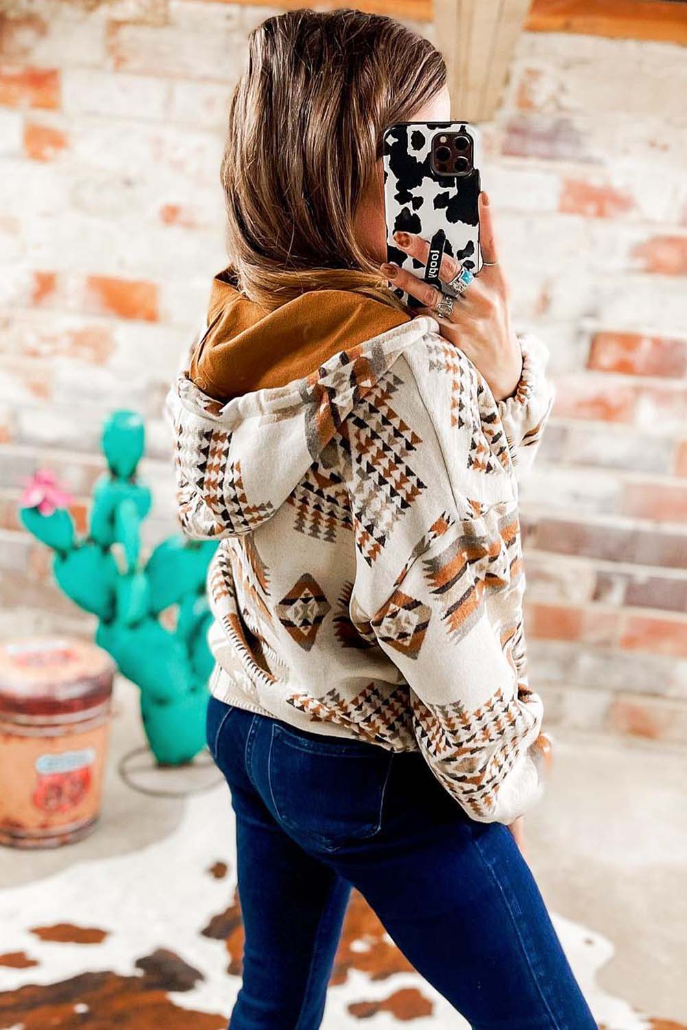 Beige Aztec Print Kangaroo Pocket Half-Zip Hoodie | Plus Size Western Fashion | Cowgirl Era