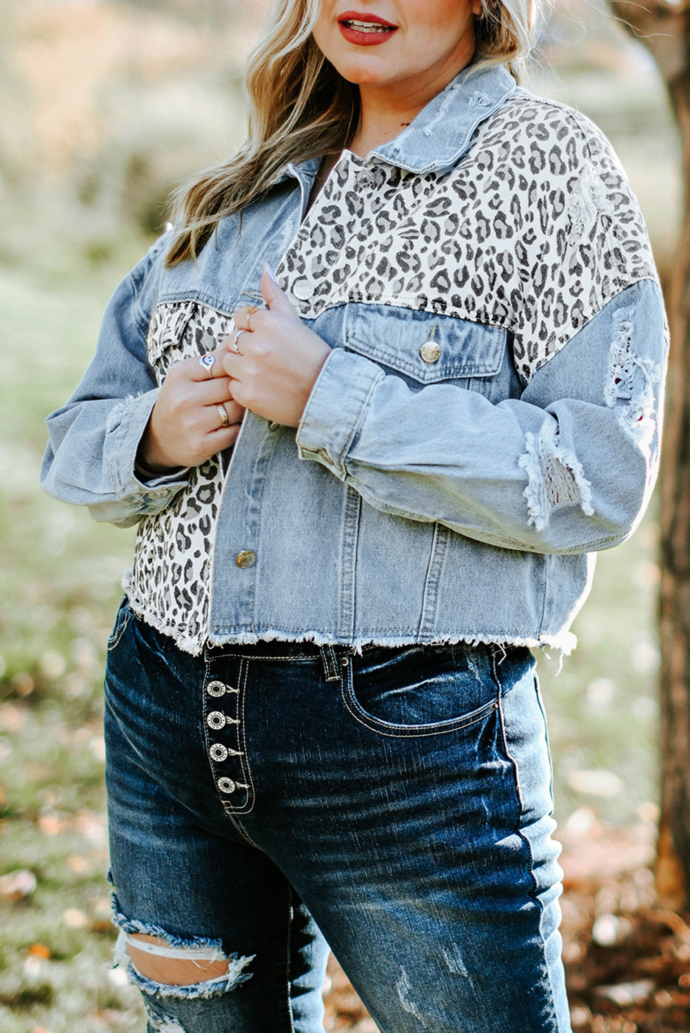 Blue Plus Size Leopard Ripped Cropped Denim Jacket | Plus Size Western Fashion | Cowgirl Era