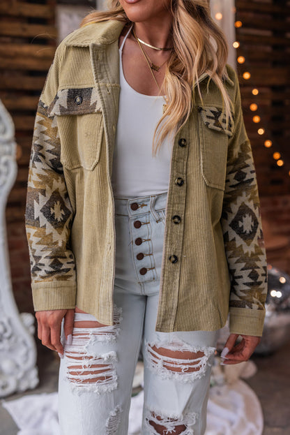 Khaki Aztec Print Patchwork Frayed Edge Corduroy Jacket | Plus Size Western Fashion | Cowgirl Era