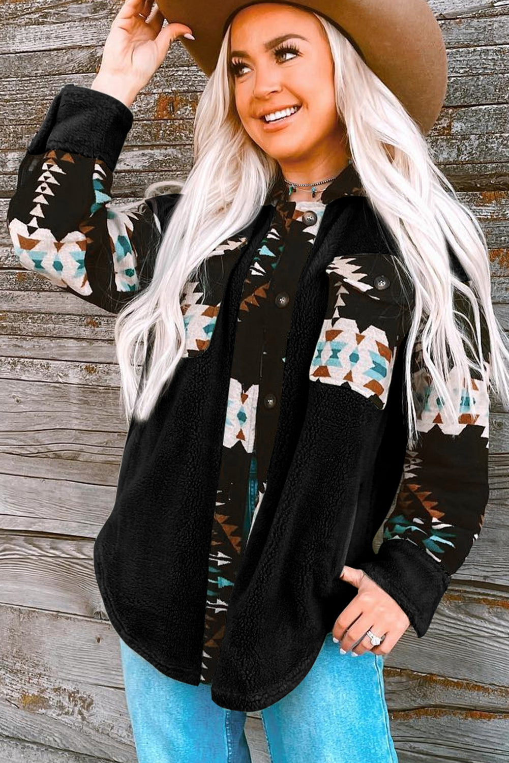 Black Western Aztec Print Accent Fleece Shacket | Plus Size Western Fashion | Cowgirl Era