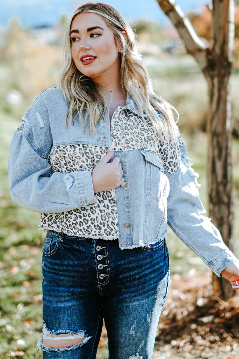 Blue Plus Size Leopard Ripped Cropped Denim Jacket | Plus Size Western Fashion | Cowgirl Era