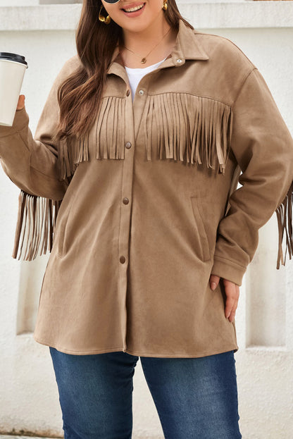 Khaki Fringe Trim Plus Size Suede Shacket | Plus Size Western Fashion | Cowgirl Era