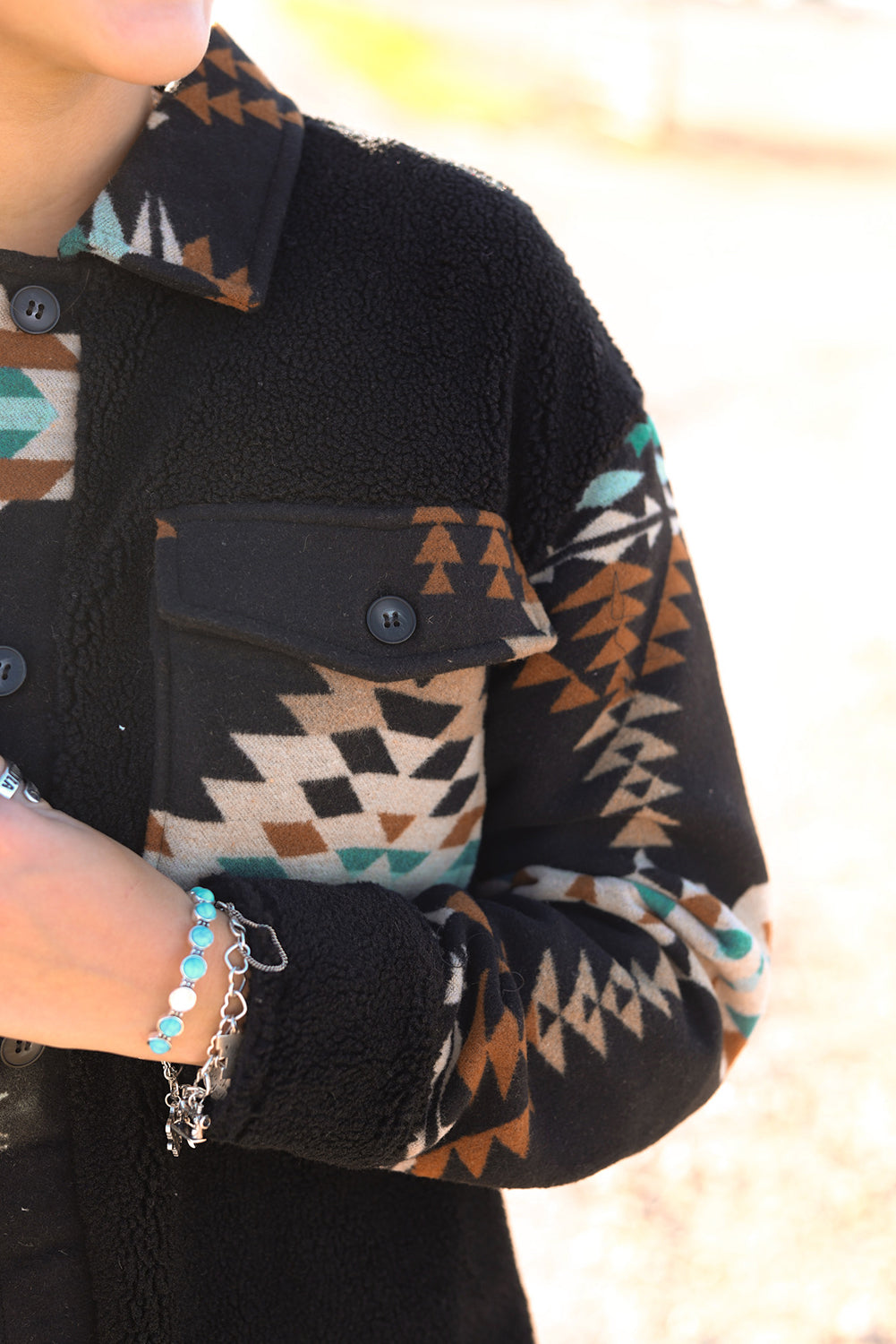 Black Western Aztec Print Accent Fleece Shacket | Plus Size Western Fashion | Cowgirl Era