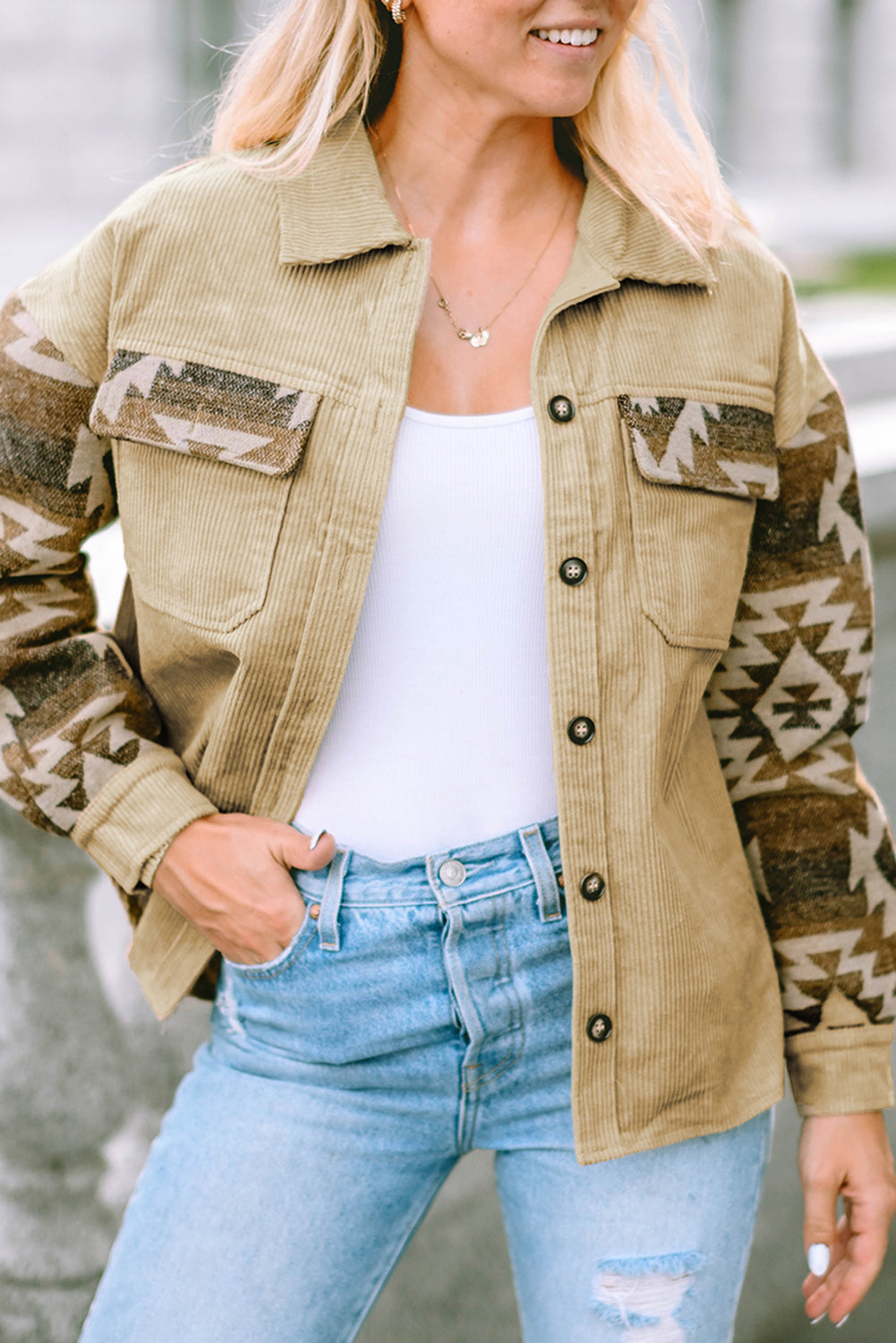 Khaki Aztec Print Patchwork Frayed Edge Corduroy Jacket | Plus Size Western Fashion | Cowgirl Era