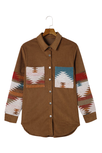 Khaki Aztec Pattern Corduroy Shacket