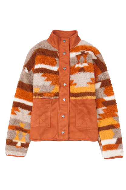 Brown Quilted Patch Pockets Aztec Furry Jacket