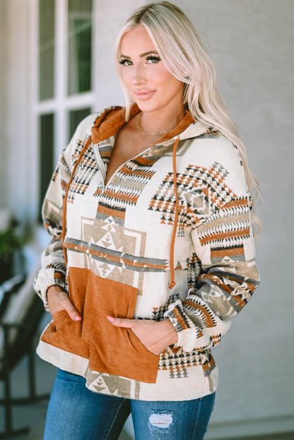 Beige Aztec Print Kangaroo Pocket Half-Zip Hoodie | Plus Size Western Fashion | Cowgirl Era