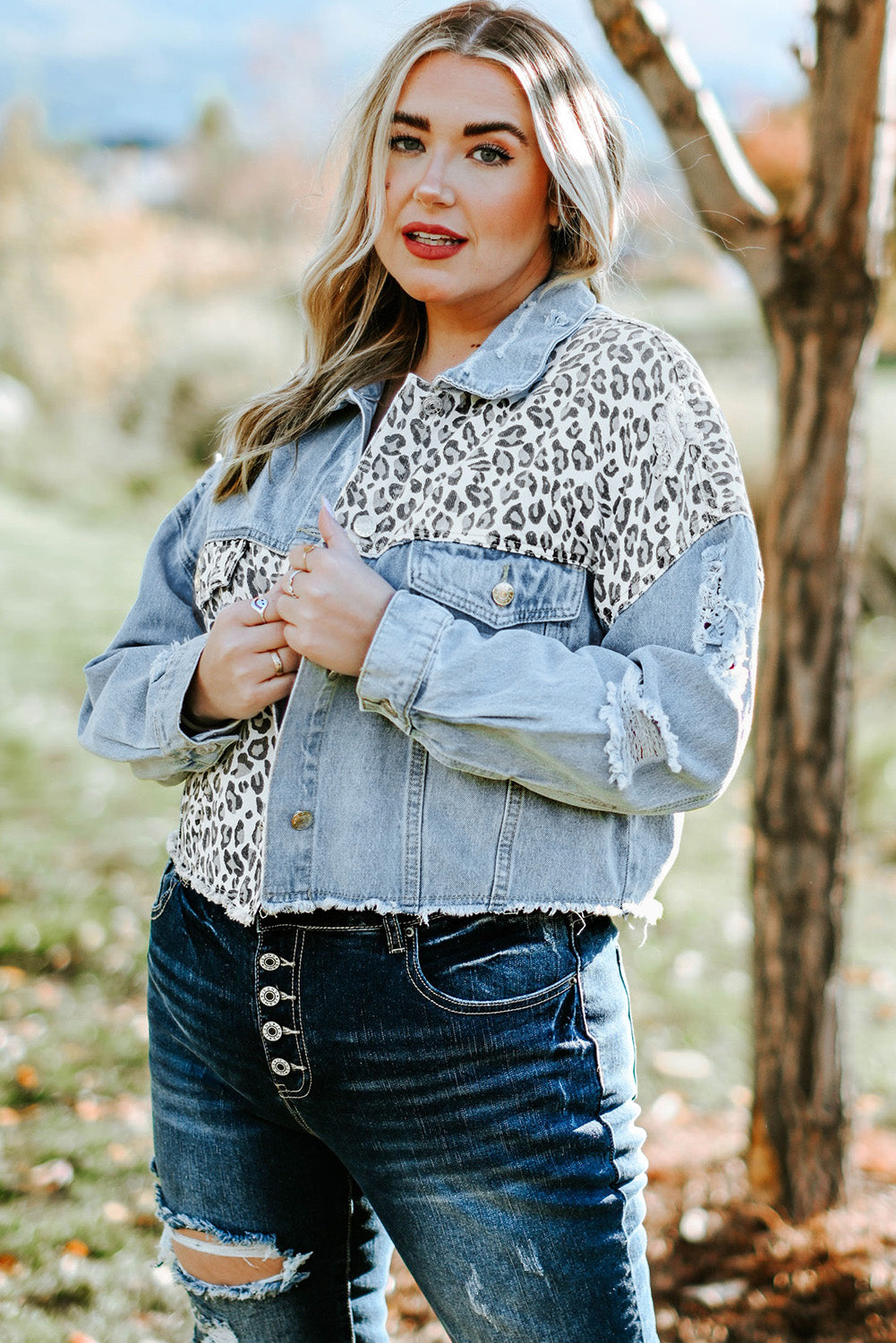 Blue Plus Size Leopard Ripped Cropped Denim Jacket | Plus Size Western Fashion | Cowgirl Era