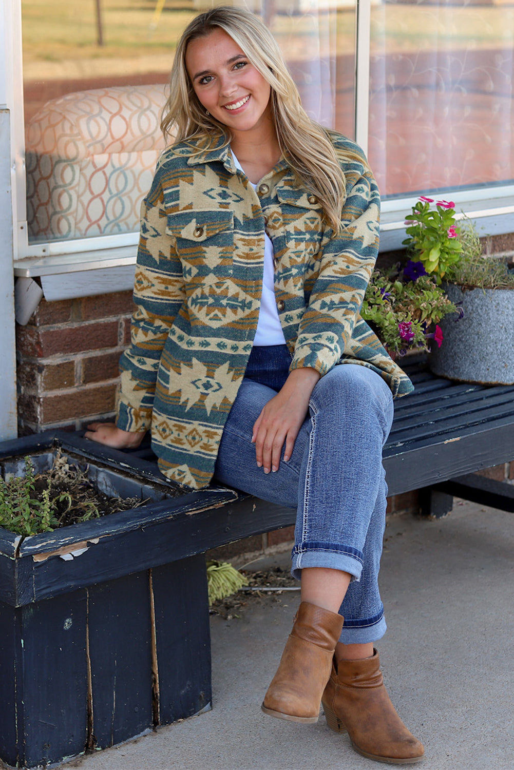 Blue Western Aztec Print Button Flap Pocket Shacket | Plus Size Western Fashion | Cowgirl Era