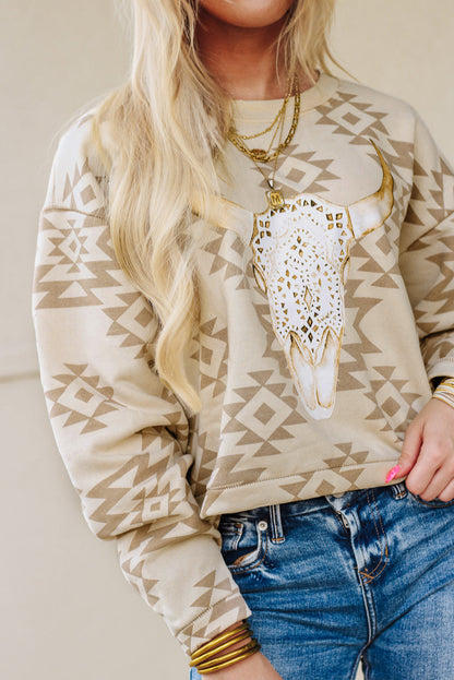 Parchment Steer Head Graphic Aztec Pullover Sweatshirt