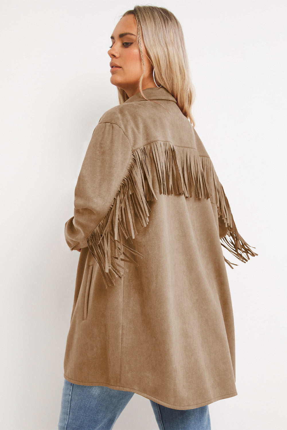 Khaki Fringe Trim Plus Size Suede Shacket | Plus Size Western Fashion | Cowgirl Era